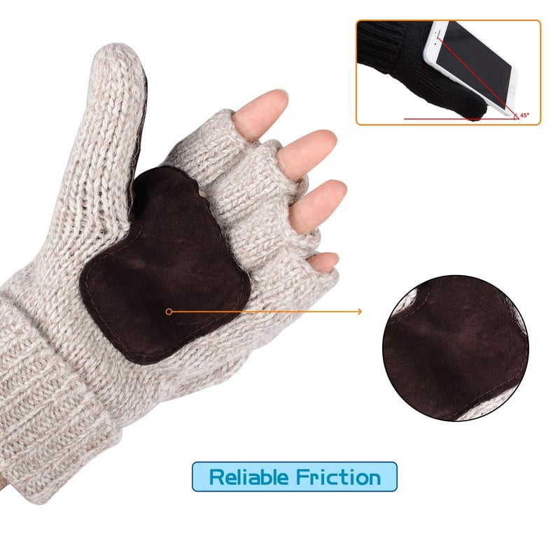 OMECHY Winter Knitted Fingerless Wool Gloves Thermal Insulation Warm Convertible Mittens Flap Cover for Men Women - Image 2
